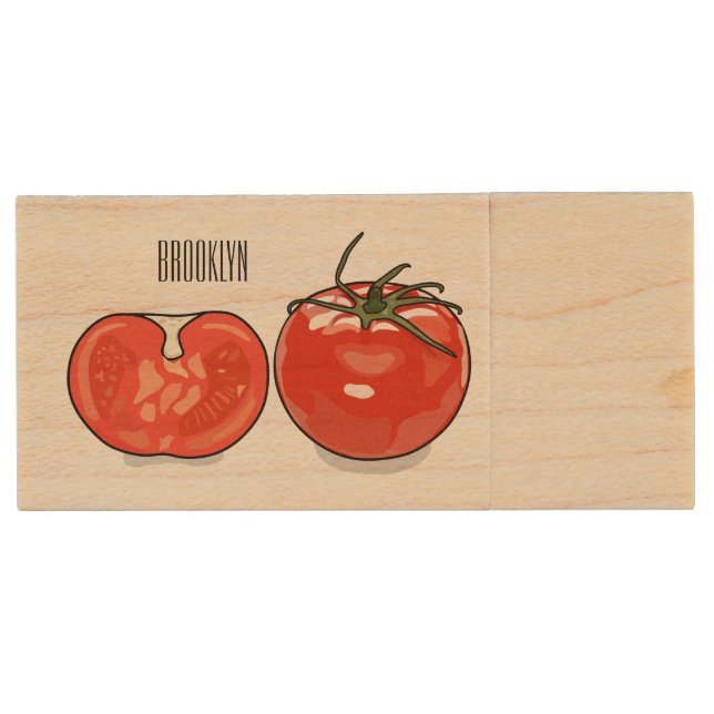 Tomato cartoon illustration  wood flash drive (Front)