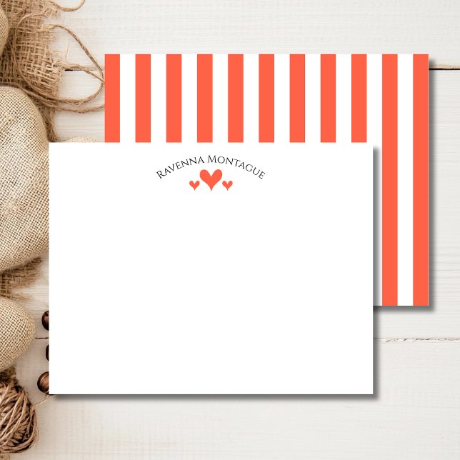 Tomato Elegant Classic Hearts Striped Note Card (Creator Uploaded)