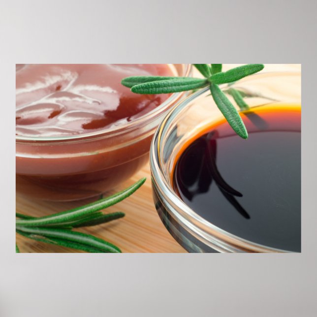 Tomato ketchup and soy sauce in a transparent bowl poster (Front)