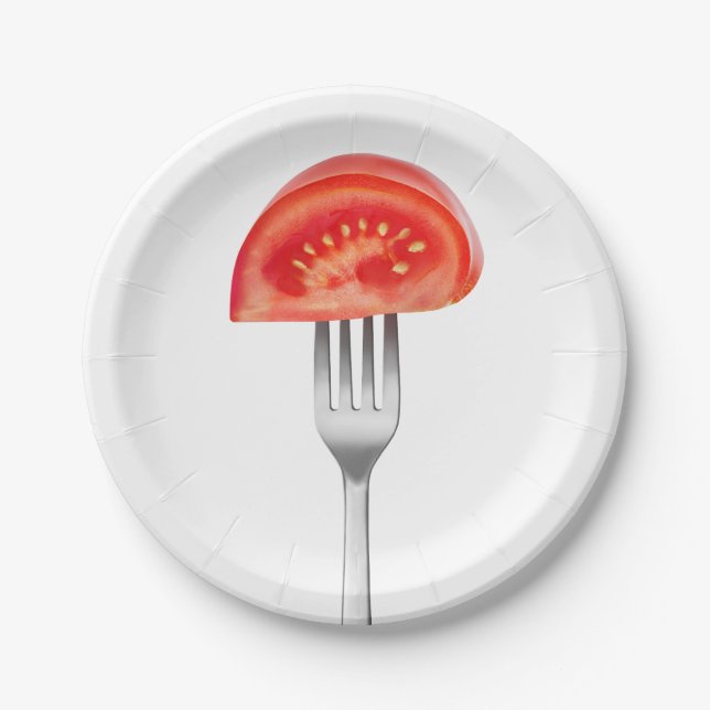 Tomato piece on a fork paper plates (Front)