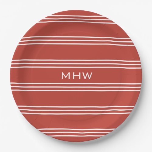 Tomato Red Stripes custom monogram paper plates