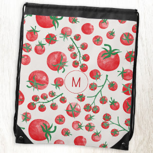 Tomato Watercolor Mediterranean Monogram Initial Drawstring Bag