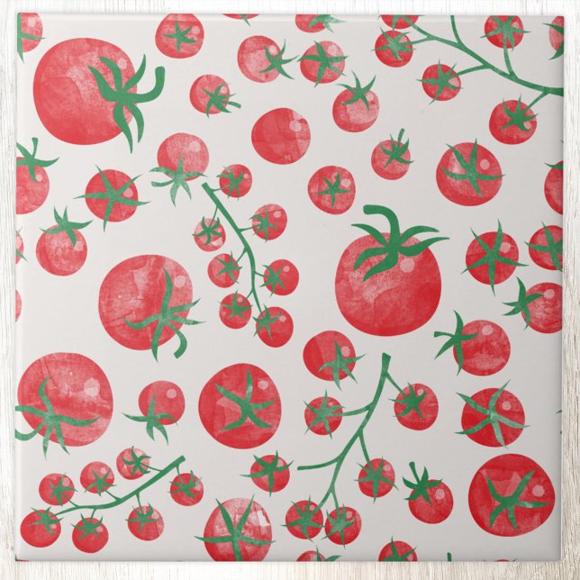 Tomato Watercolor Pattern Ceramic Tile (Fun Mediterranean summer watercolor tomato pattern ceramic tile)