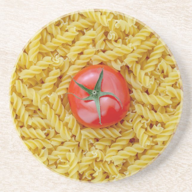 Tomato with fusilli pasta drink coaster (Front)