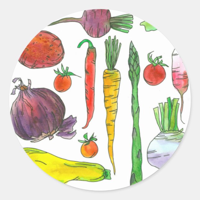 Tomatoes Asparagus Beets Watercolor Vegetables Classic Round Sticker (Front)