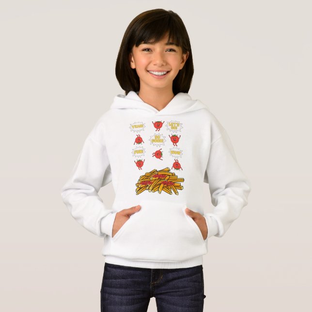 tomatoes jumping to fried potatoes, cartoon hoodie (Front Full)