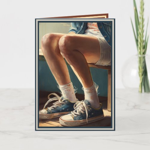 Tomboy w ragged jean shorts and tennis shoes Card