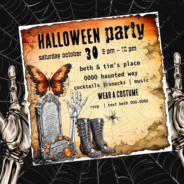 Tombstone Butterfly Skeleton and Boots Halloween Invitation (Butterfly, boots and a tombstone with skeleton on a customizable Halloween party invitation. )
