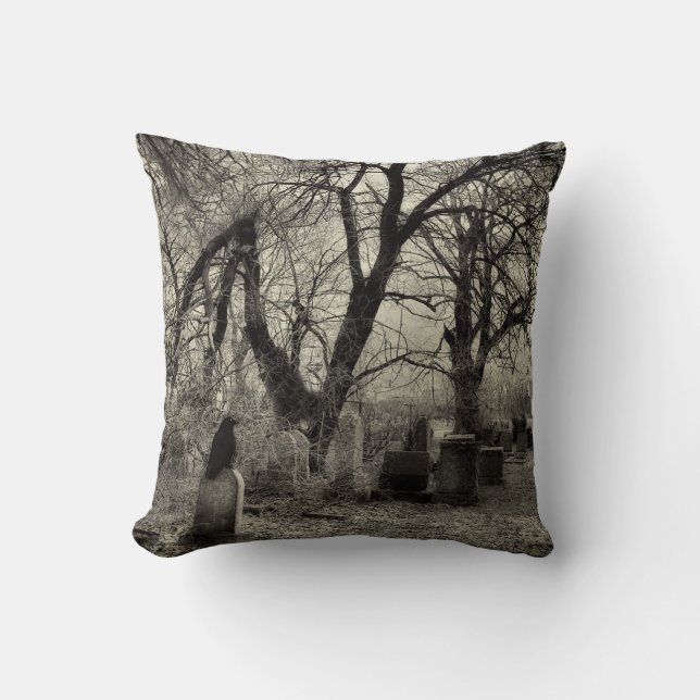 Tombstone Crow Throw Pillow (Front)