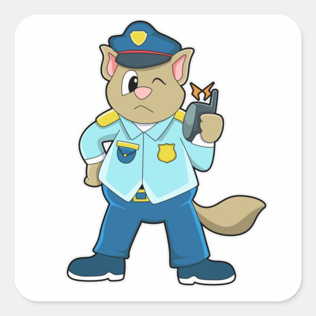 Tomcat as Police officer with Uniform & Microphone Square Sticker (Front)
