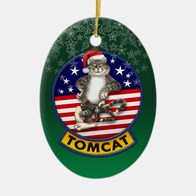 Tomcat Mascot Christmas Ceramic Ornament (Front)