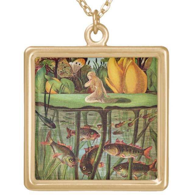 Tommelise very desolate on the water lily leaf, in gold plated necklace (Front)