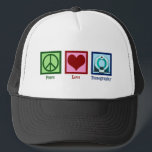 Tomographer Peace Love Tomography Trucker Hat<br><div class="desc">Peace Love Tomography. A cute tomographer gift for an CT scan technician or technologist who works in imaging with a tomograph.</div>