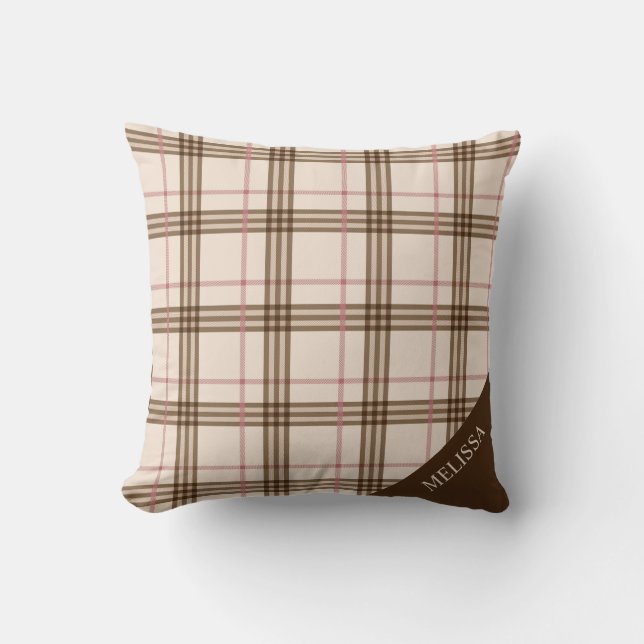 Tompson beige brown red pink rose gold tartan throw pillow (Front)