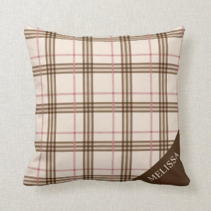 Tompson beige brown red pink rose gold tartan throw pillow