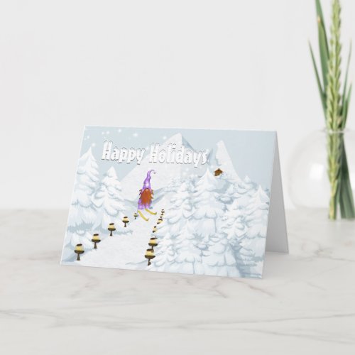 Tomte gnome skiing snow mountains log cabin holiday card