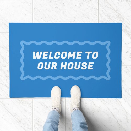Tonal Blues Wavy Frame Welcome to Our House Doormat