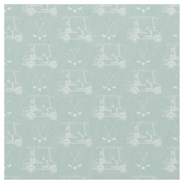 Tonal Golf Carts & Clubs on Pastel Gray Turquoise Fabric (Close Up)