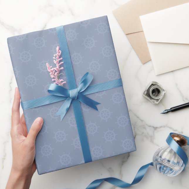 Tonal Ships Wheel on Light Gray Blue Wrapping Paper (Gifting)