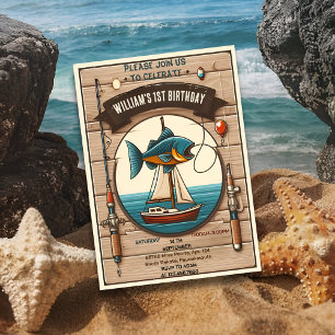 tone boat cute boy Fish ofishally one 1st Birthday Invitation