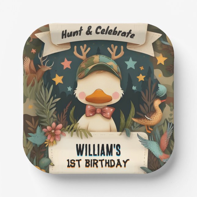 Tone Wild Camo Oh Deer Duck hunting 1st birthday Paper Plates (Front)