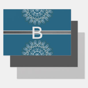 Toned Trendy Blue Gray Laced Monogram Wrapping Paper Sheets