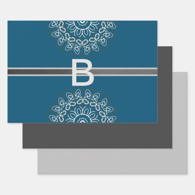 Toned Trendy Blue  Gray Laced Monogram Wrapping Paper Sheets (Set)