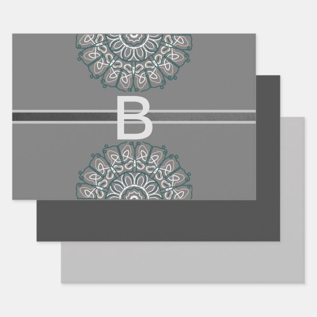 Toned Trendy Silver  Gray Laced Monogram Wrapping Paper Sheets (Set)