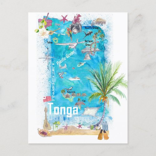 Tonga Polynesia Illustrated Travel Map  Postcard