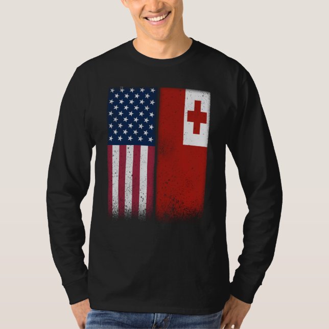 Tonga Tongan American Flags Proud USA Tonga T-Shirt (Front)