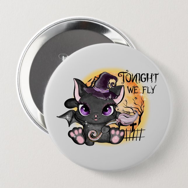 Tonight We Fly – Black Witch Cat Button (Front & Back)