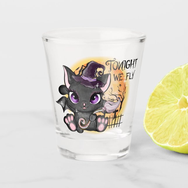 Tonight We Fly – Black Witch Cat Shot Glass (Front)