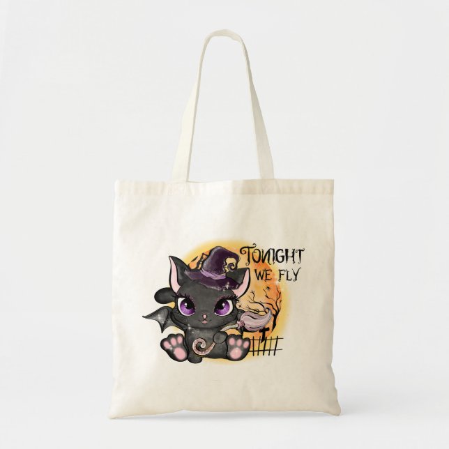 Tonight We Fly – Black Witch Cat Tote Bag (Front)