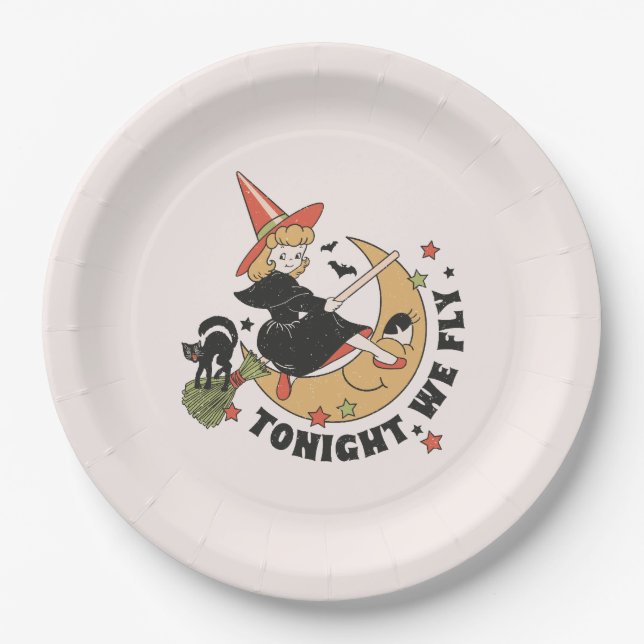 Tonight We Fly – Cute Witch and Black Cat Paper Plates (Front)