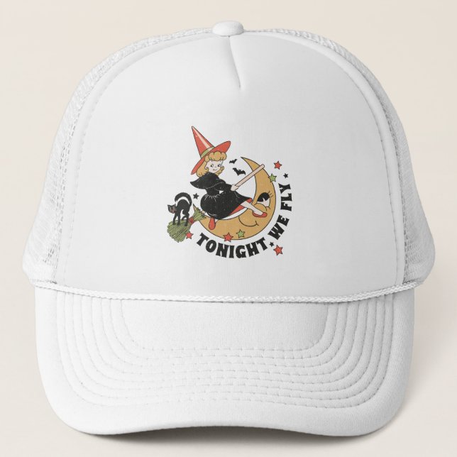 Tonight We Fly – Cute Witch and Black Cat Trucker Hat (Front)