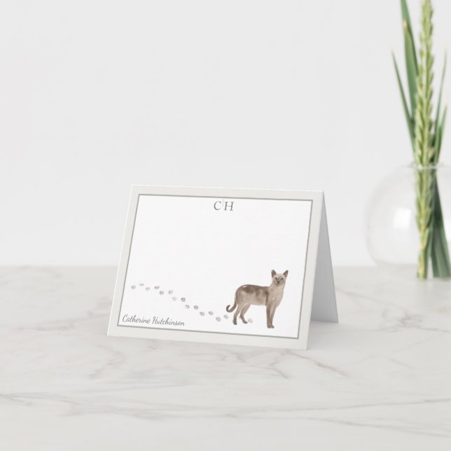 Tonkinese Cat Gray Border Monogram Name Note Card (Front)