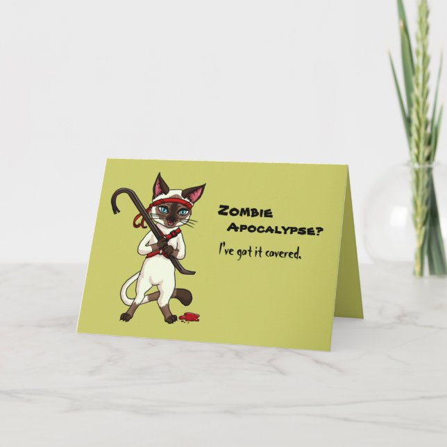 Tonkinese cat with crowbar zombie slayer halloween card (Front)