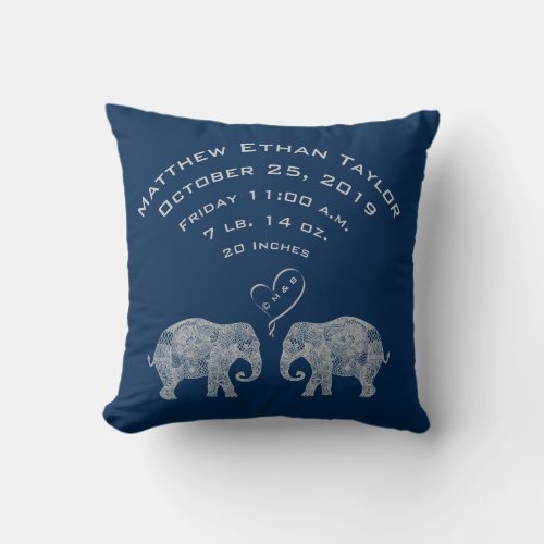 Tons of Love Baby Boy Birth Record Stats Elephant Throw Pillow