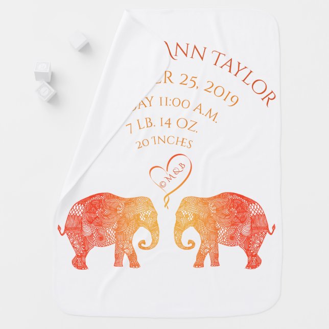 Tons of Love Baby Girl Birth Record Stats Elephant Baby Blanket (In Situ)