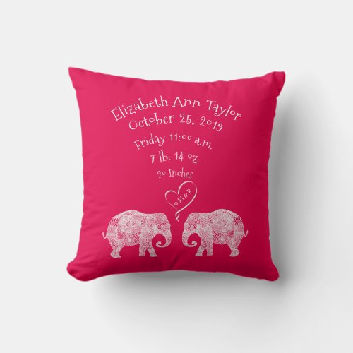 Tons of Love Baby Girl Birth Record Stats Elephant Throw Pillow