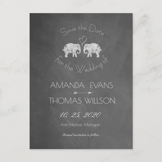 TONS OF LOVE | Elephant Chalkboard Save the Date Announcement Postcard (Front)