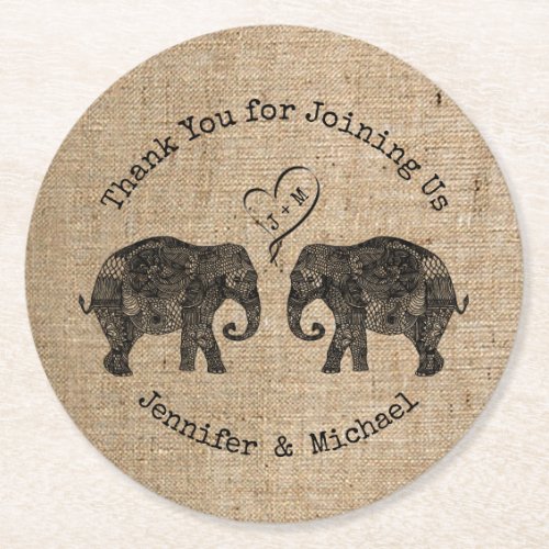 TONS OF LOVE  Elephant Couple Wedding Favor Round Paper Coaster