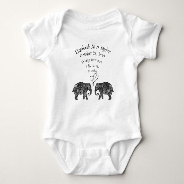 Tons of Love New Baby Birth Record Stats Elephant Baby Bodysuit (Front)