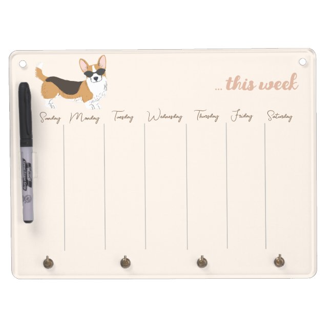 Too Cool Corgi Weekly Calendar Dry Erase Board With Keychain Holder (Front)
