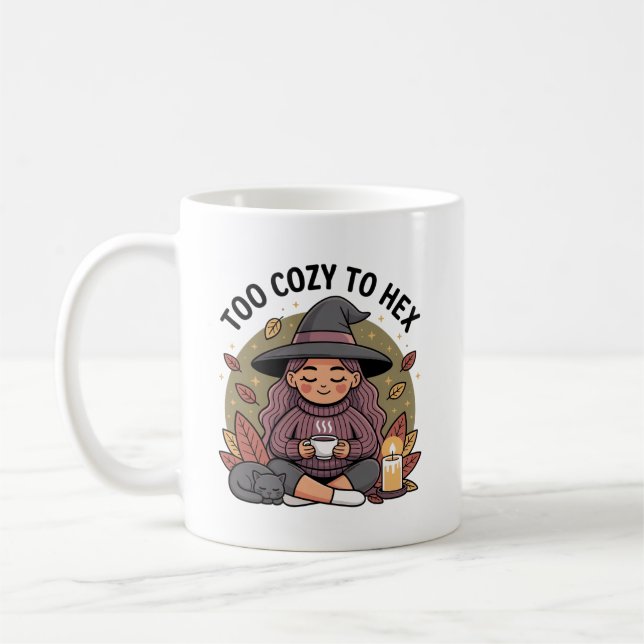 Too Cozy to Hex — Chibi Witch Tea Coffee Mug (Left)