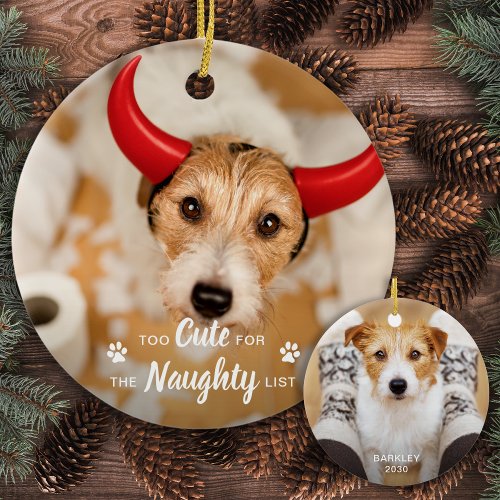 Too Cute For Naughty List Funny Dog Pet Photo Ceramic Ornament