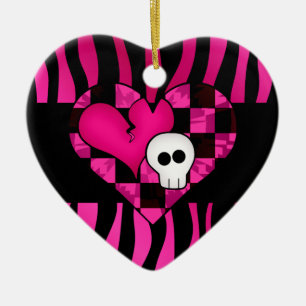 Too cute goth punk zebra heart fuschia black skull ceramic ornament