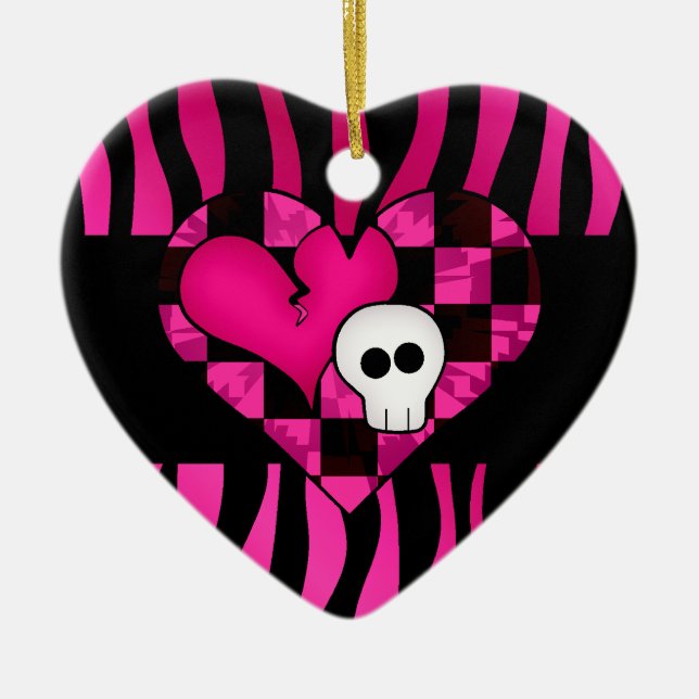Too cute goth punk zebra heart fuschia black skull ceramic ornament (Front)