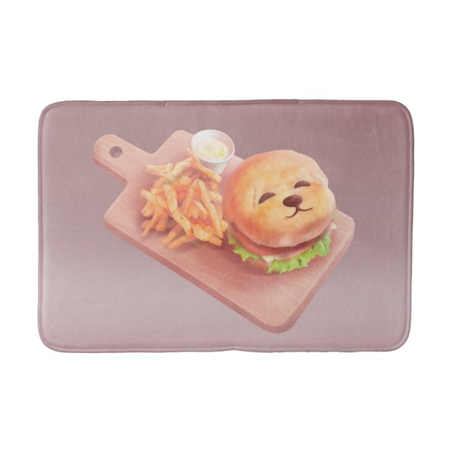 Too Cute to Eat: Smiling Bichon Burger Art Bath Mat (Front)