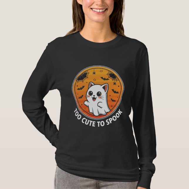 Too Cute To Spook – Adorable Ghost Cat Halloween  T-Shirt (Front)